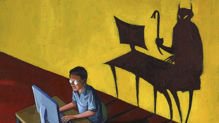 Man using computer, with devil-shaped shadow behind, comic book, painterly