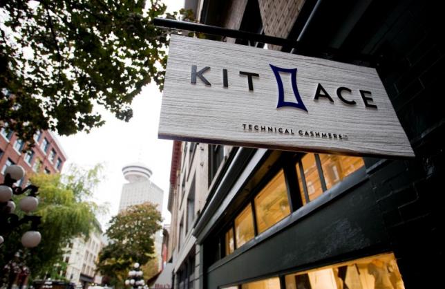 A sign hangs outside the Kit and Ace flagship store in Vancouver
