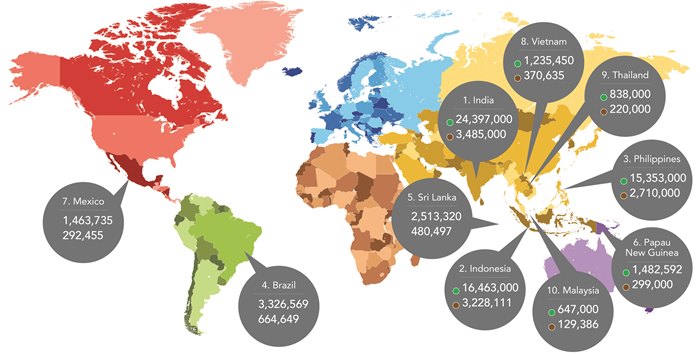 Coconut products, global map
