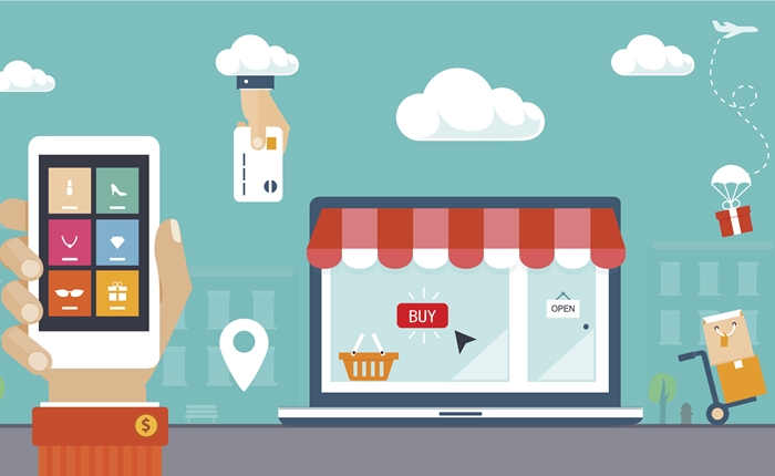 Flat design vector illustration. E-commerce, shopping & delivery