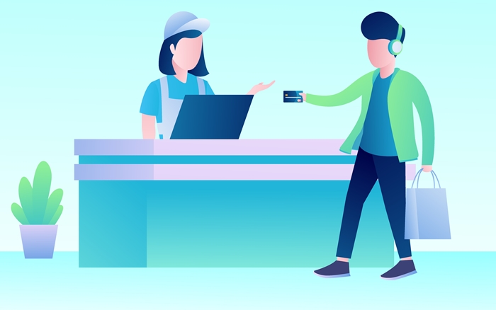 Cashier,Employee,And,Buyer,At,The,Shopping,Market.,Cashless,Payment